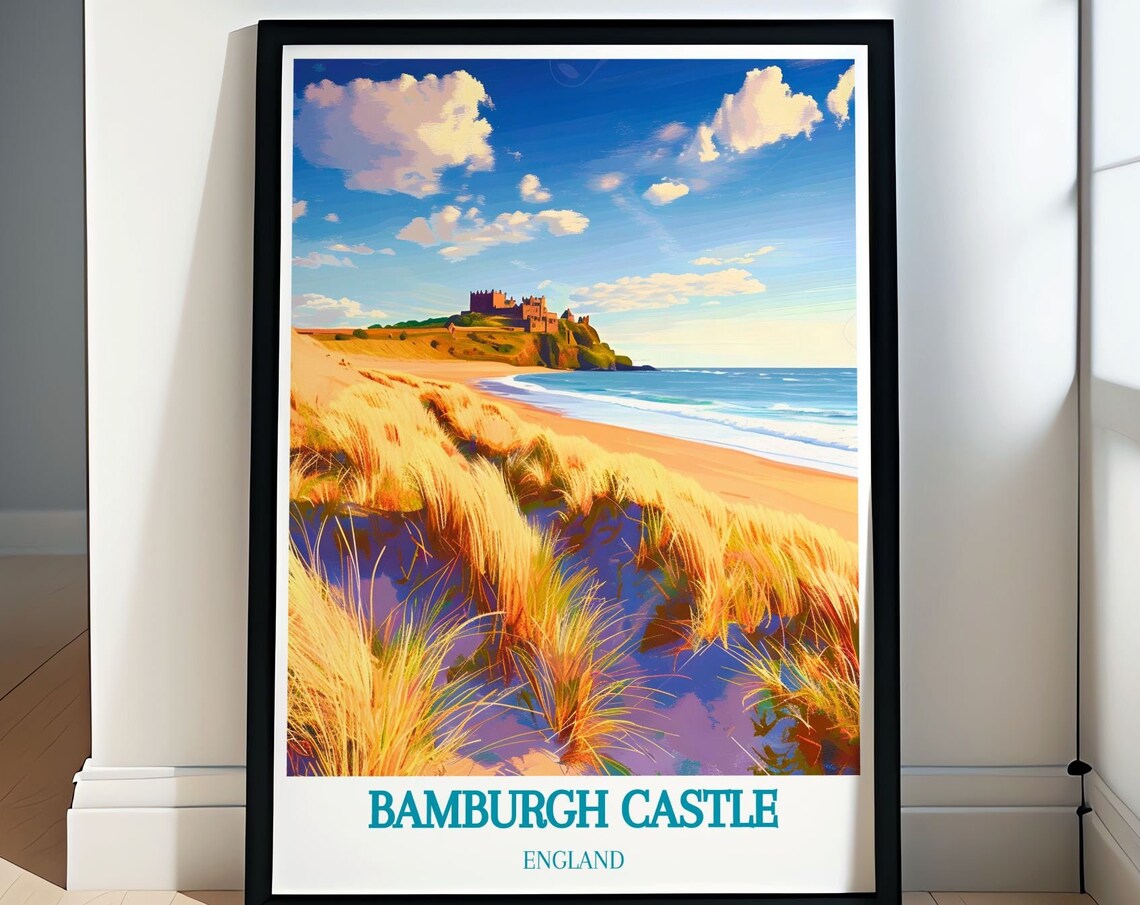Bamburgh Castle Over Golden Beach and Dunes England Travel Poster