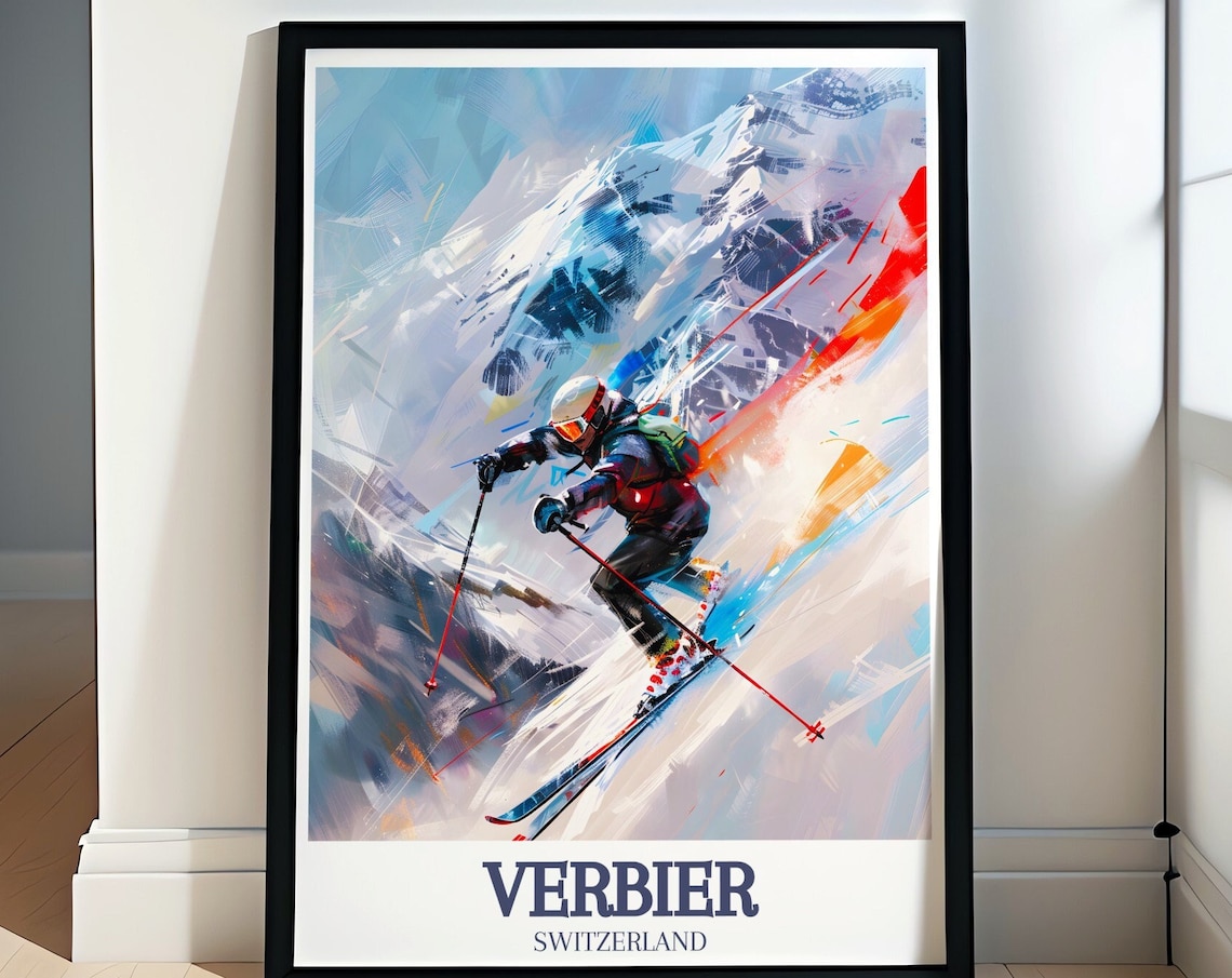 Verbier Switzerland Alpine Skier Speeding Downhill Travel Poster