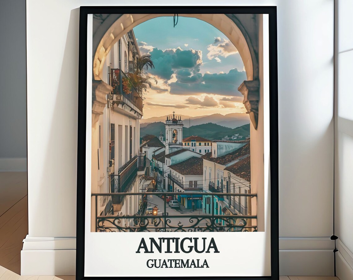 Antigua Guatemala Travel Poster Colonial Street Arch Sunset View