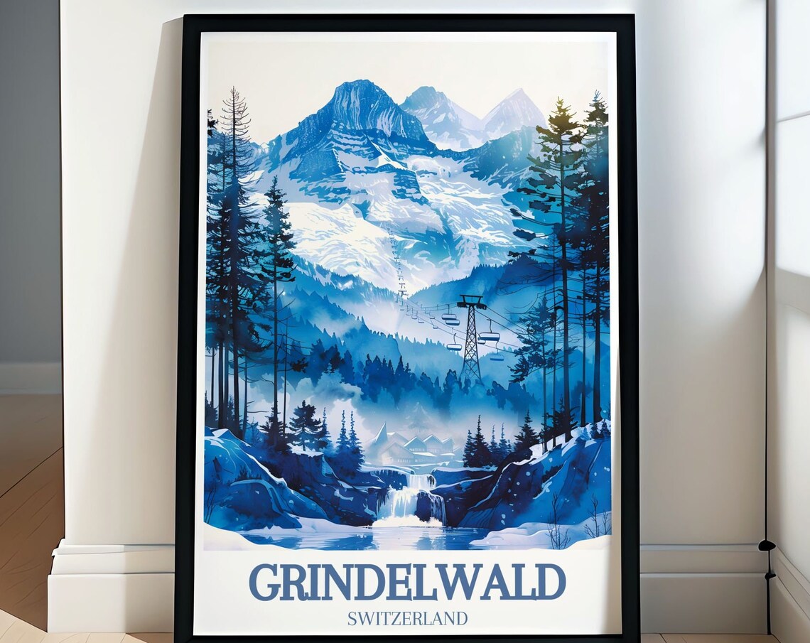 Grindelwald Switzerland Blue Eiger Gondola Winter Art Poster