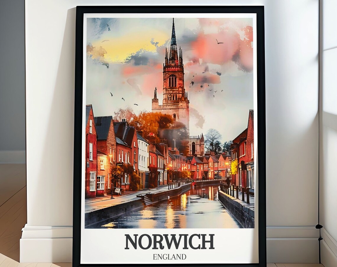 Norwich England Watercolor Cathedral Spire Over River Wensum Poster