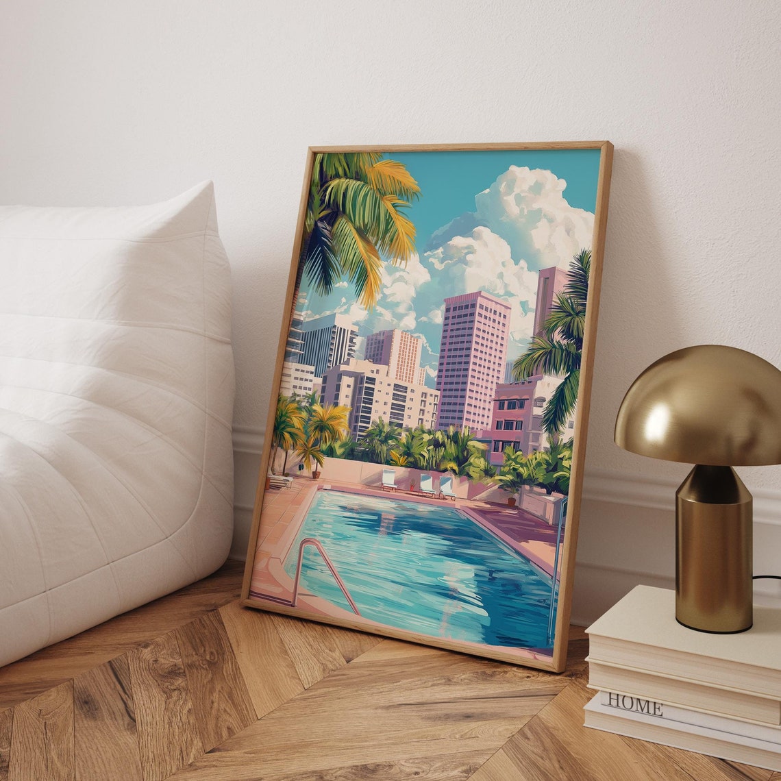 Miami Downtown Skyline Resort Pool Palm Trees Retro Travel Poster