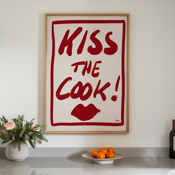Kiss The Cook Bold Red Typography Fun Retro Kitchen Wall Poster
