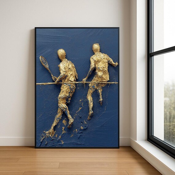 Golden Tennis Players Sprinting Impasto Oil Painting Sports Poster