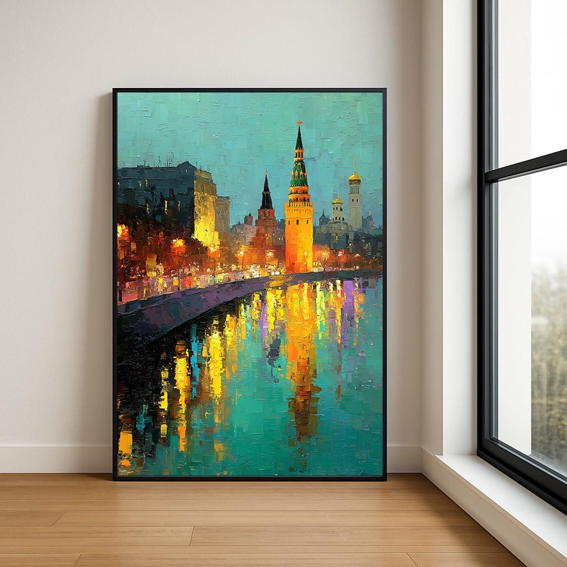 Moscow Kremlin Night Lights River Reflections Impressionist Poster