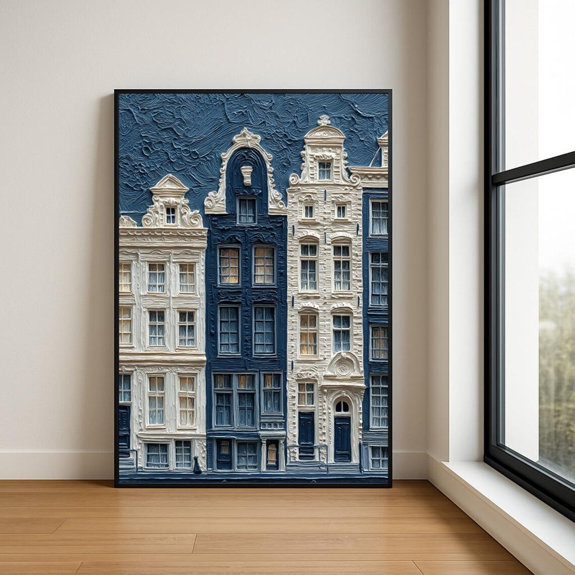 Amsterdam Canal Houses Gabled Facades Blue Impasto Oil Painting Poster
