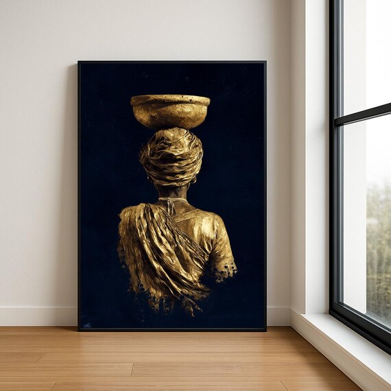 Golden Woman Balancing Vessel On Black Textured Oil Painting Poster