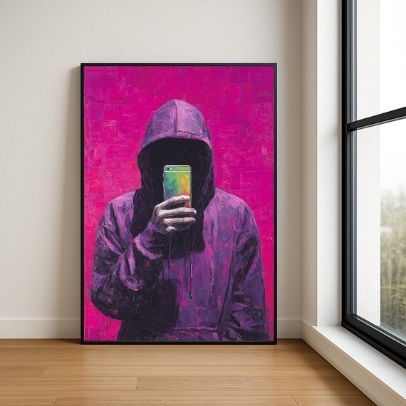 Hoodie Selfie Wall Art Print Modern Textured Oil Painting