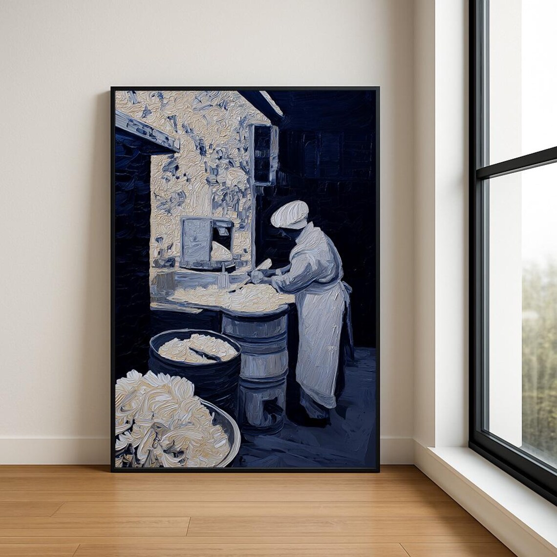 Woman Sorting Harvest Blue Monochrome Impasto Oil Painting Poster