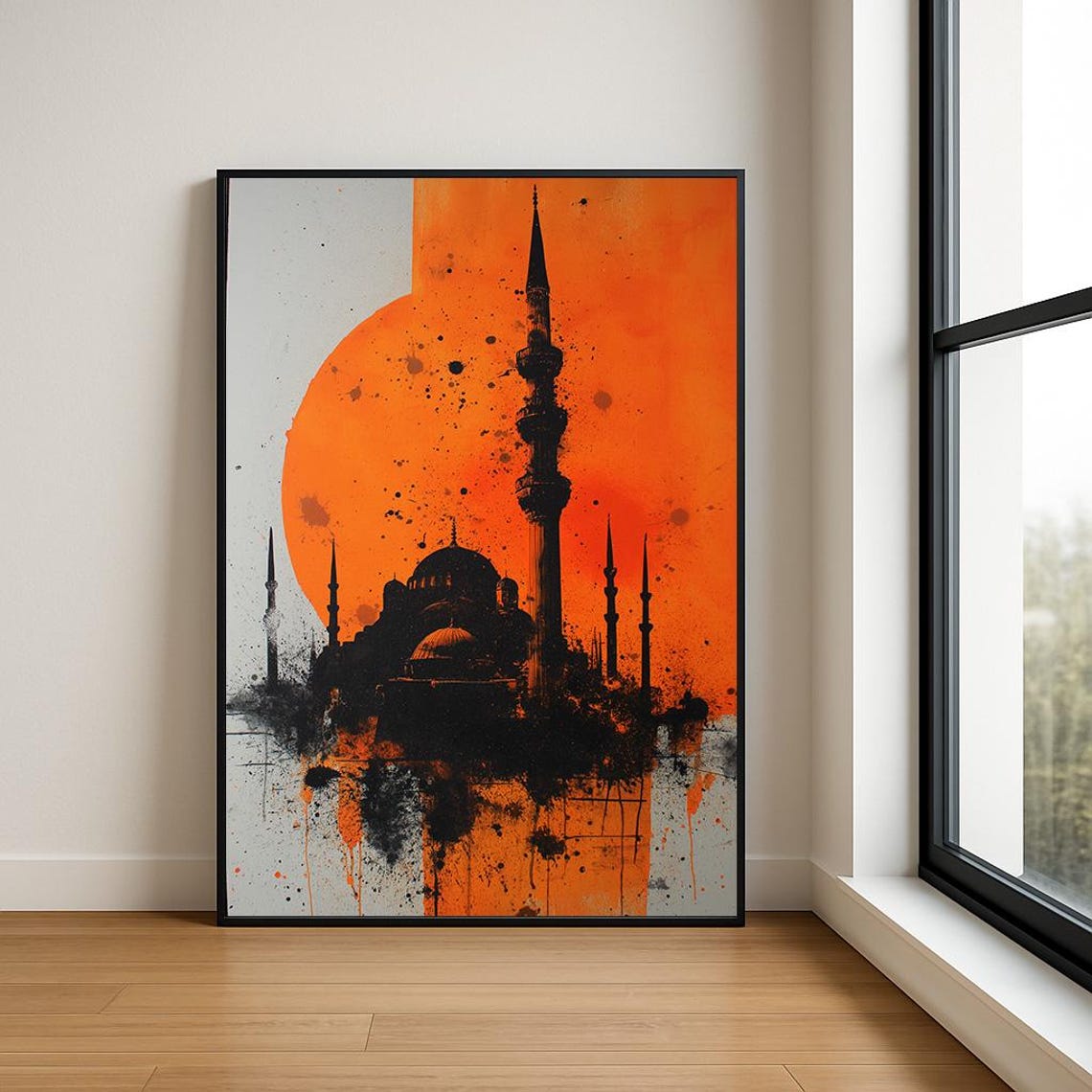 Istanbul Mosque Ink Silhouette under Giant Orange Sun Art Poster