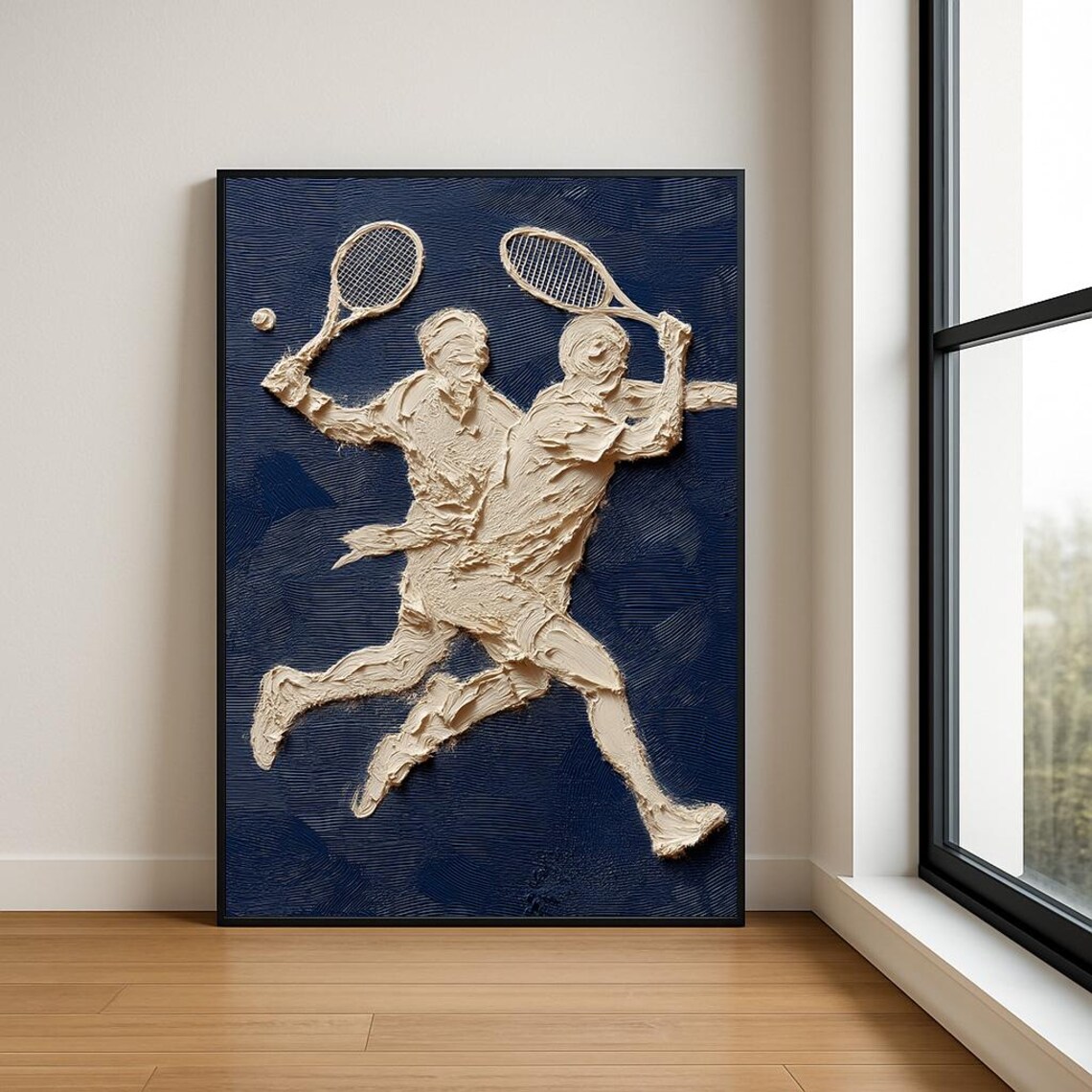 Cream Tennis Players Impasto Relief Navy Blue Sports Art Poster
