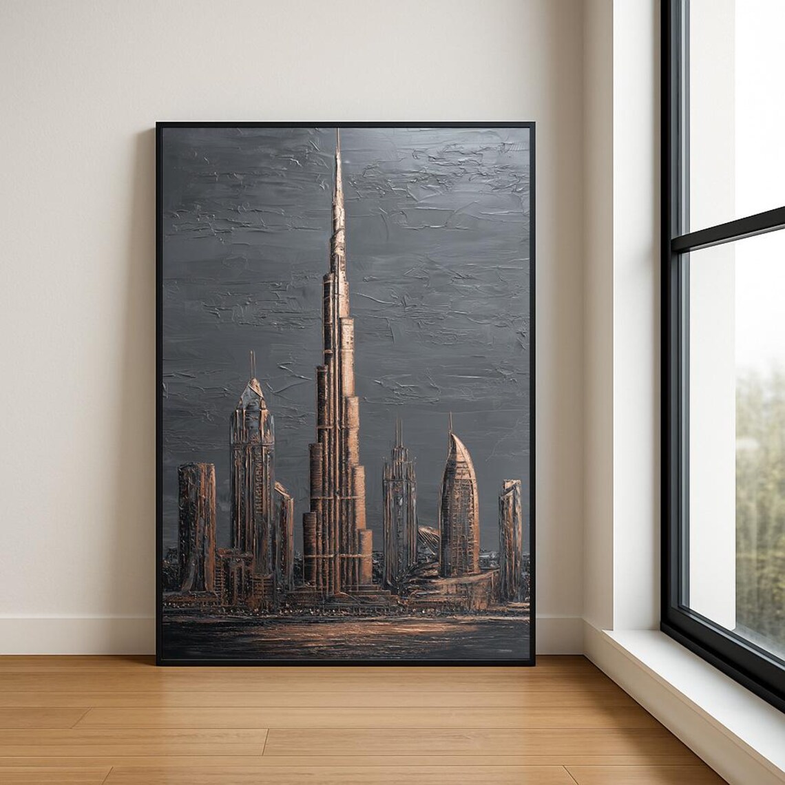 Burj Khalifa Dubai Skyline Copper Grey Textured Painting Poster