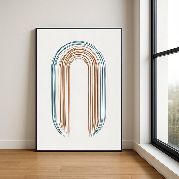 Japandi Abstract Arch Poster in Blue and Terracotta Brushstroke Lines