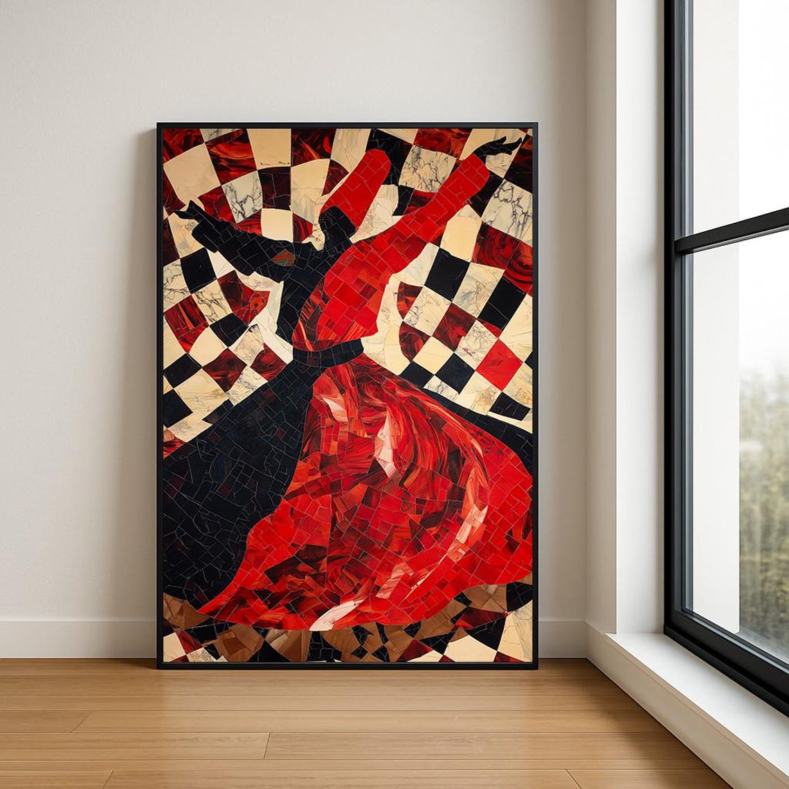 Whirling Dervish Red Black Mosaic Stained Glass Sufi Dance Poster
