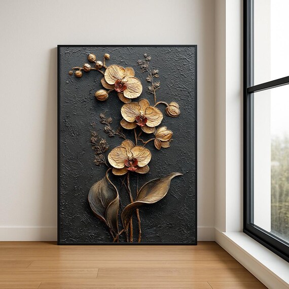 Golden Orchids Black Background 3D Impasto Textured Oil Painting Poster
