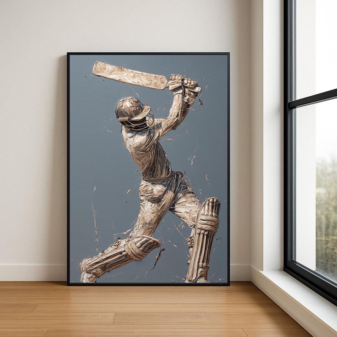 Cricket Batsman Sepia Sculptural Impasto Modern Sports Art Poster