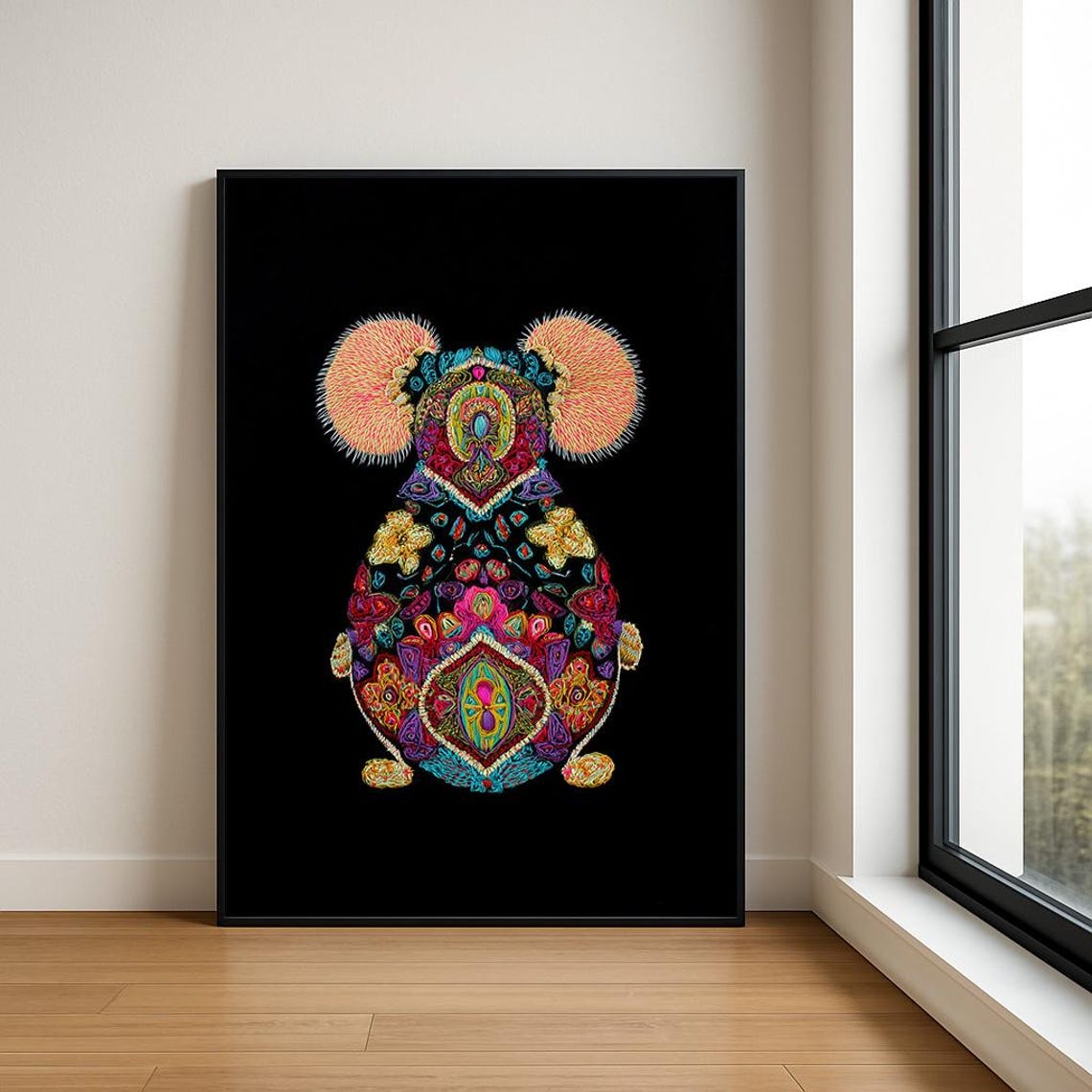 Colorful Embroidered Koala Floral Pattern Boho Animal Art Poster