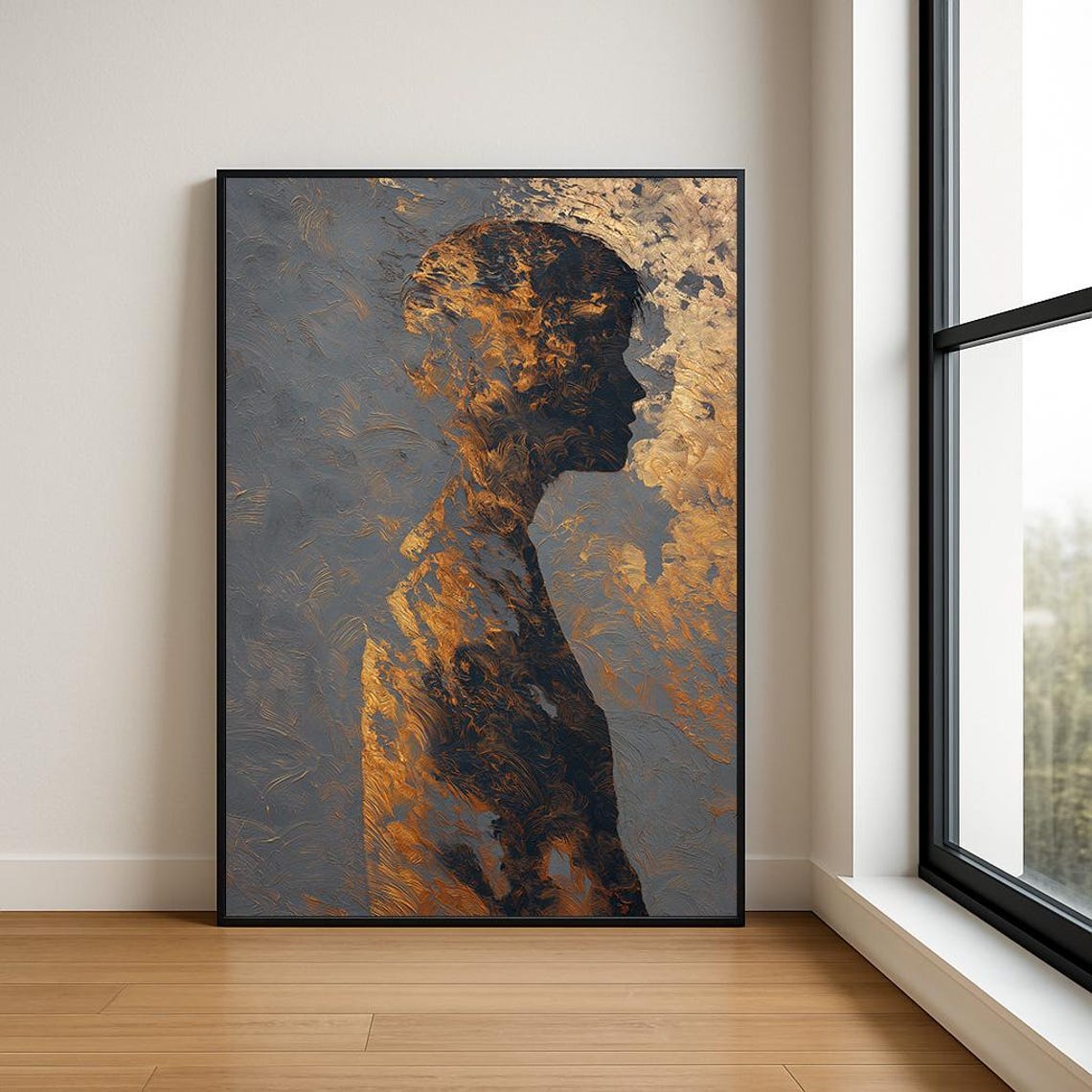 Golden Profile Silhouette Textured Abstract Portrait Art Poster