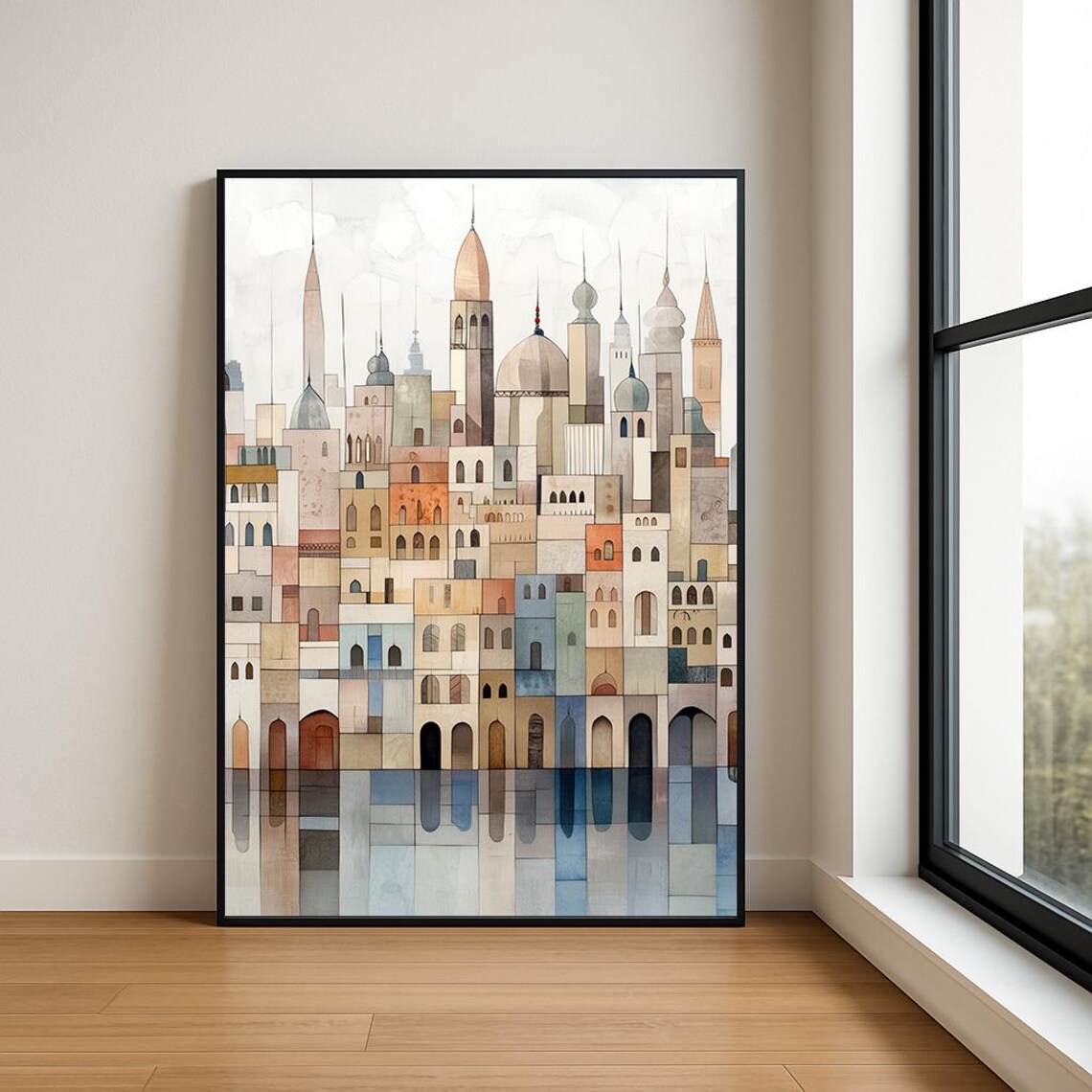 Geometric Old City Skyline Domes Abstract Oil Painting Poster