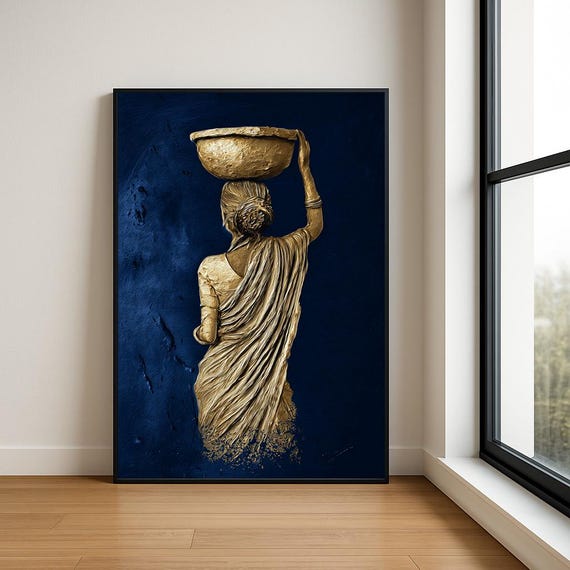 Traditional South Asian Woman Wall Oil Painting Luxury Textured Village Lady Decor