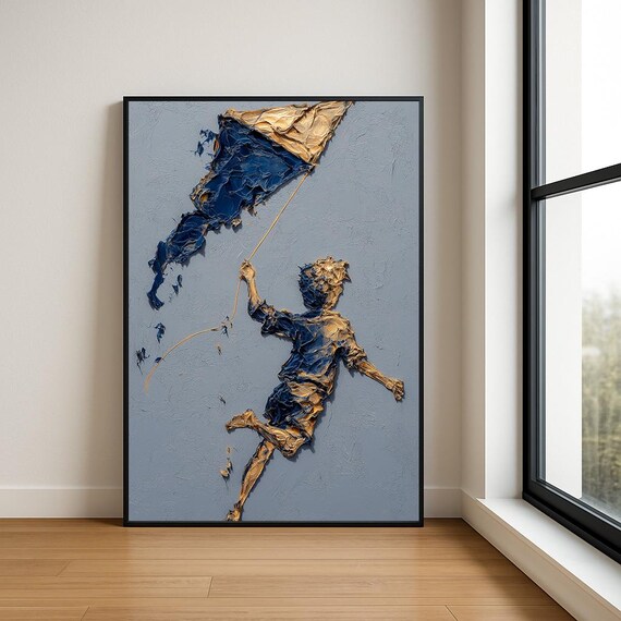 Boy Flying Blue Gold Kite Textured Gray Relief Impasto Painting Poster