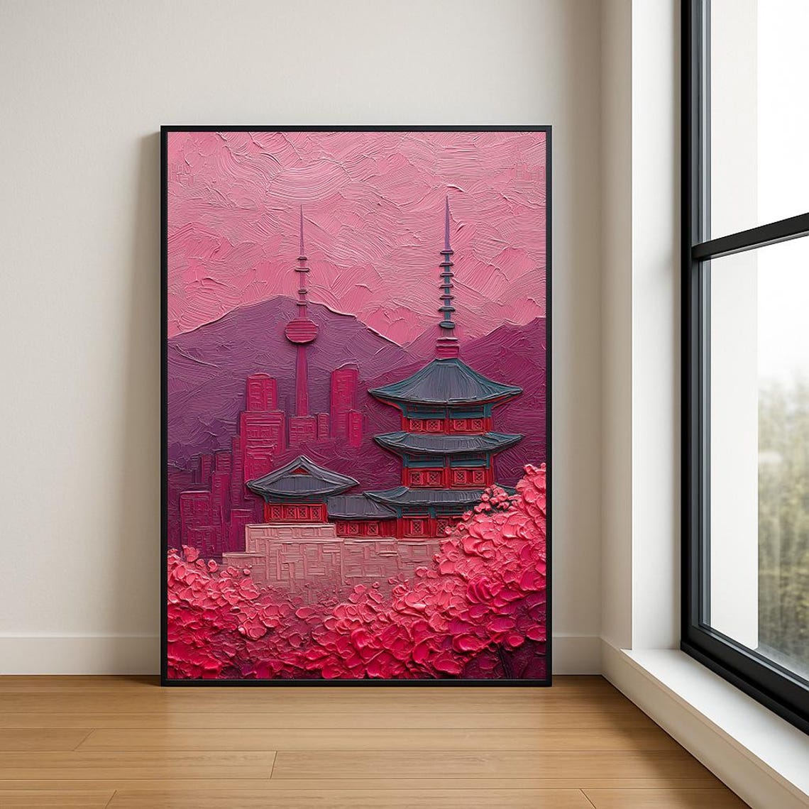Seoul N Tower Korean Temple Cherry Blossom Impasto Pink Art Poster