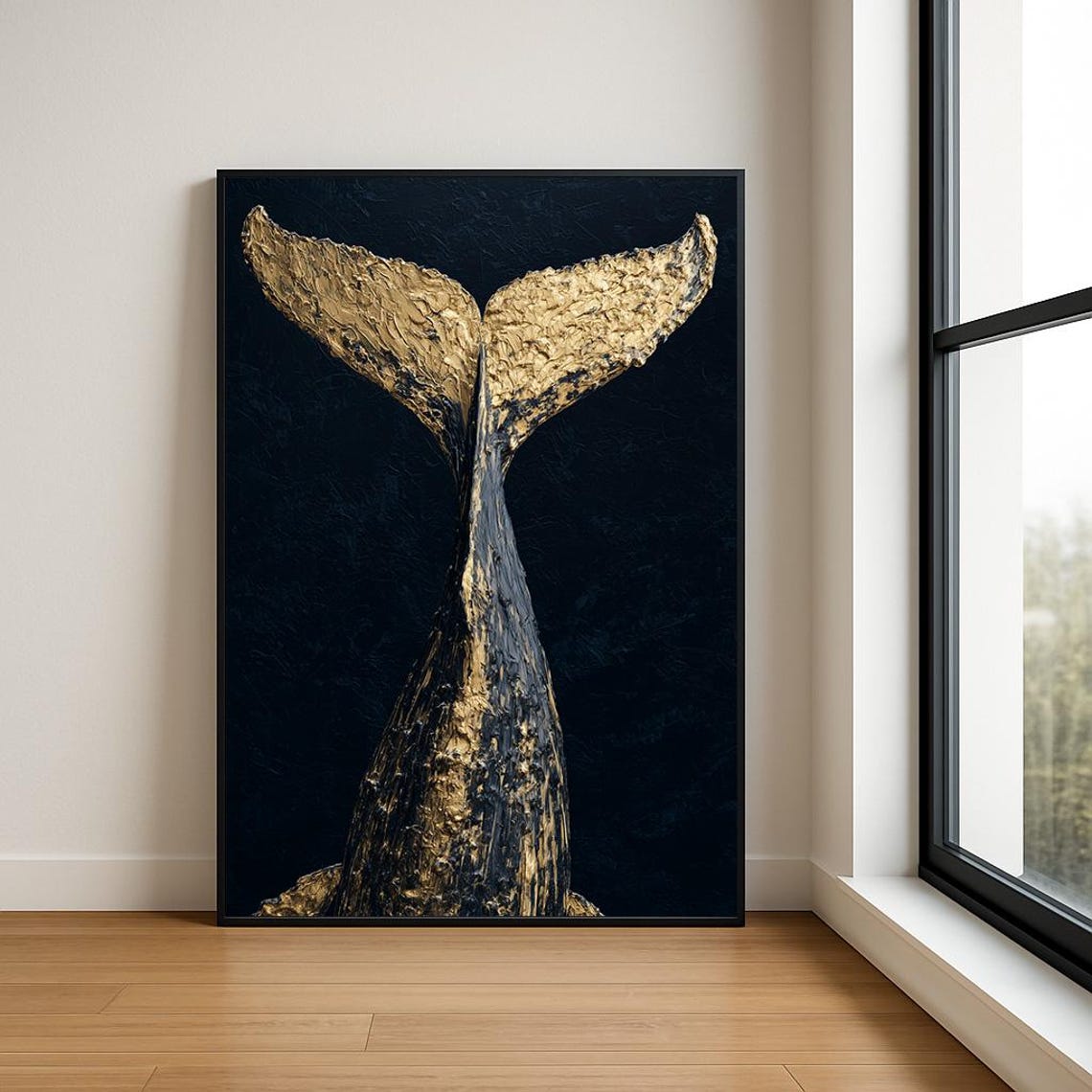 Golden Whale Tail Fluke Textured Oil Painting Dark Ocean Poster