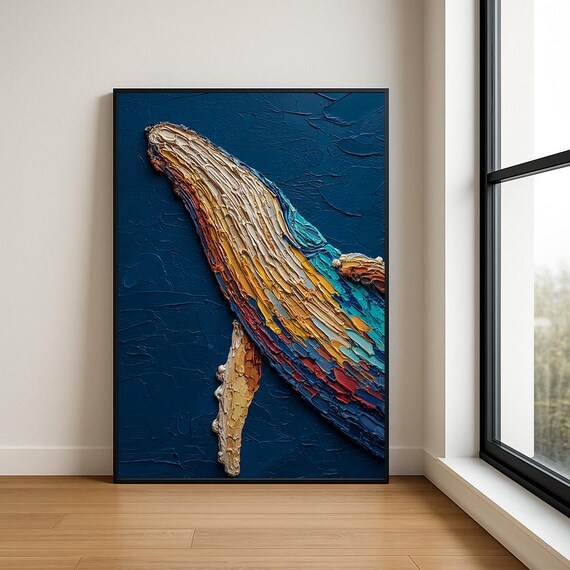 Colorful Whale Diving Deep Blue Ocean Palette Knife Painting Poster