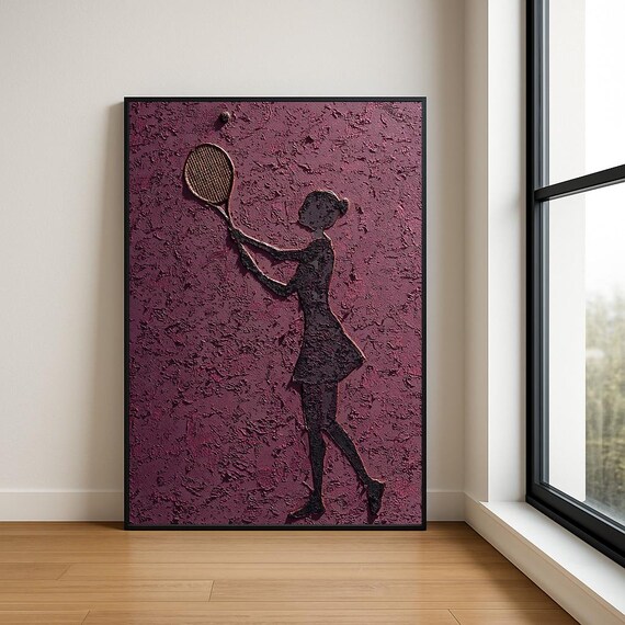 Tennis Player Silhouette Magenta Impasto Textured Oil Painting Sports Poster