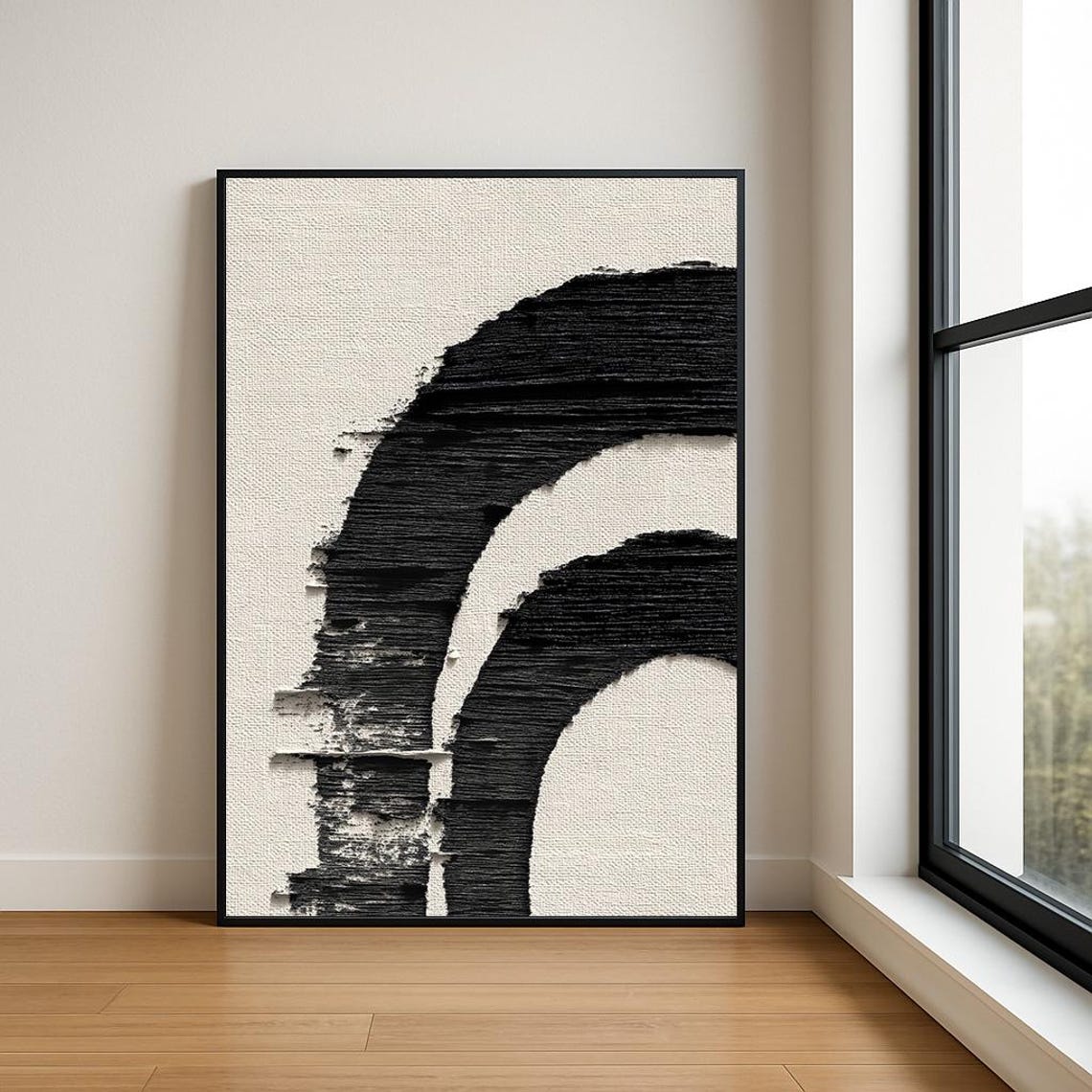 Black Double Arch Brushstroke Minimalist Abstract Beige Poster
