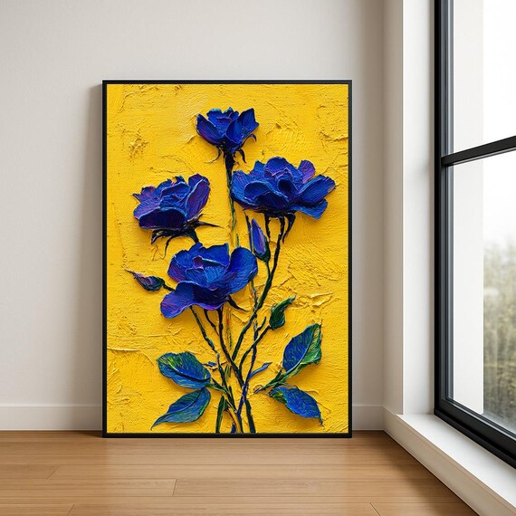 Cobalt Blue Roses Yellow Impasto Textured Oil Painting Poster