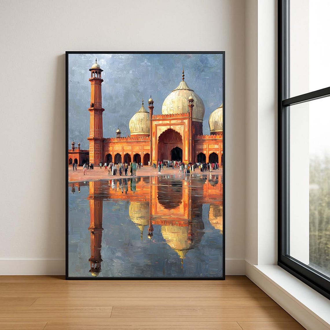 Historic Mughal Mosque with White Domes Reflected in Water Poster