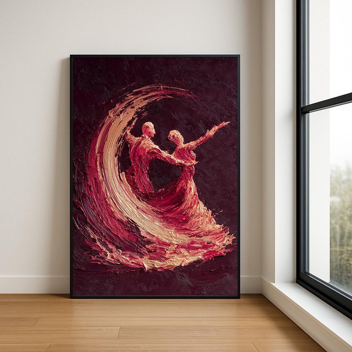 Dancing Lovers Crimson Impasto Romantic Couple Passion Art Poster