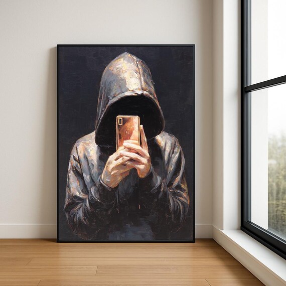 Hoodie Selfie Wall Art Print Modern Textured Oil Painting