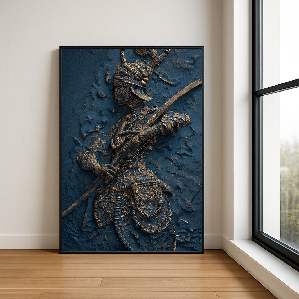Ancient Bronze Armored Warrior Staff Textured Relief Art Poster