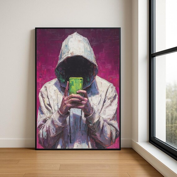 Hoodie Selfie Wall Art Print Modern Textured Oil Painting