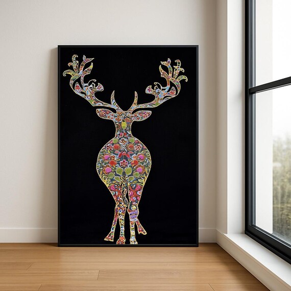 Colourful Embroidered Animal Wall Art Boho Illustration Print Vibrant Textile Style Home Decor