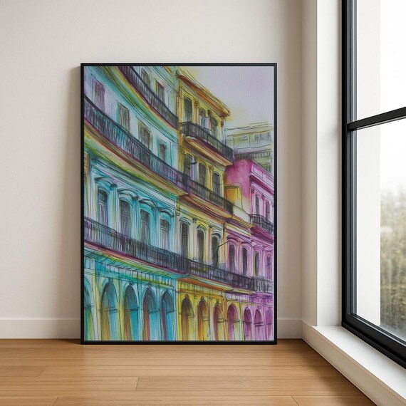 Colorful Colonial Street Sketch Curved Balcony Architecture Poster