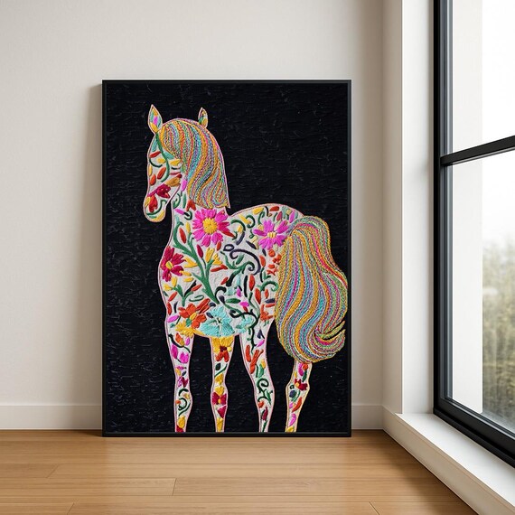 Colourful Embroidered Animal Wall Art Boho Illustration Print Vibrant Textile Style Home Decor