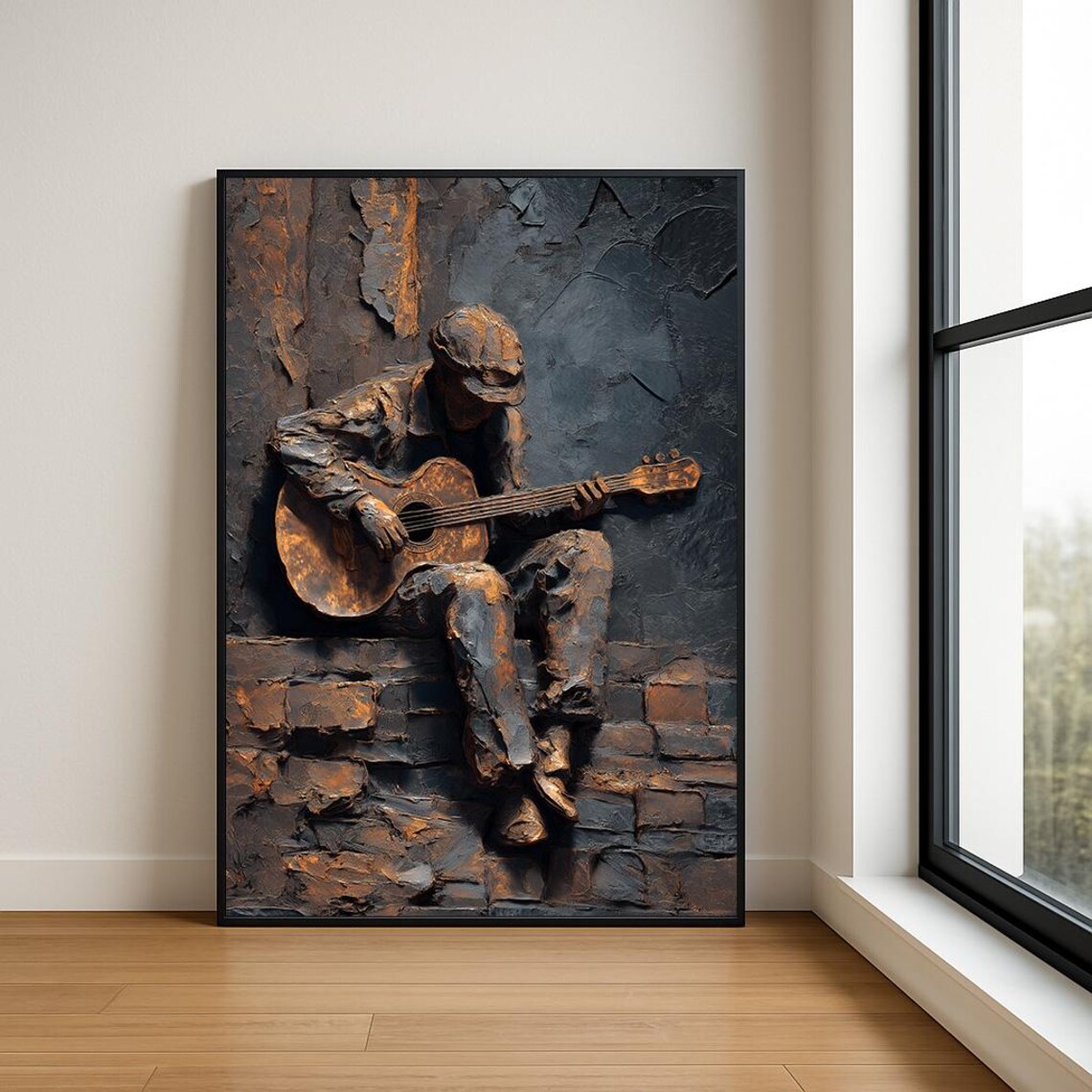 Bronze Guitarist Rustic Relief Textured Musician Oil Art Poster