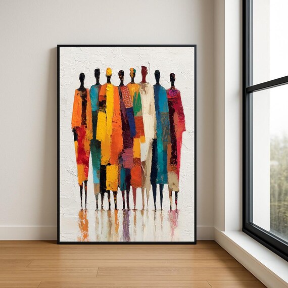 Eight Figures in Colorful Robes Impasto Textured Abstract Art Poster