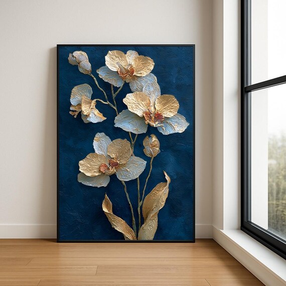Gold Orchids Deep Blue Textured Impasto Floral Oil Wall Poster