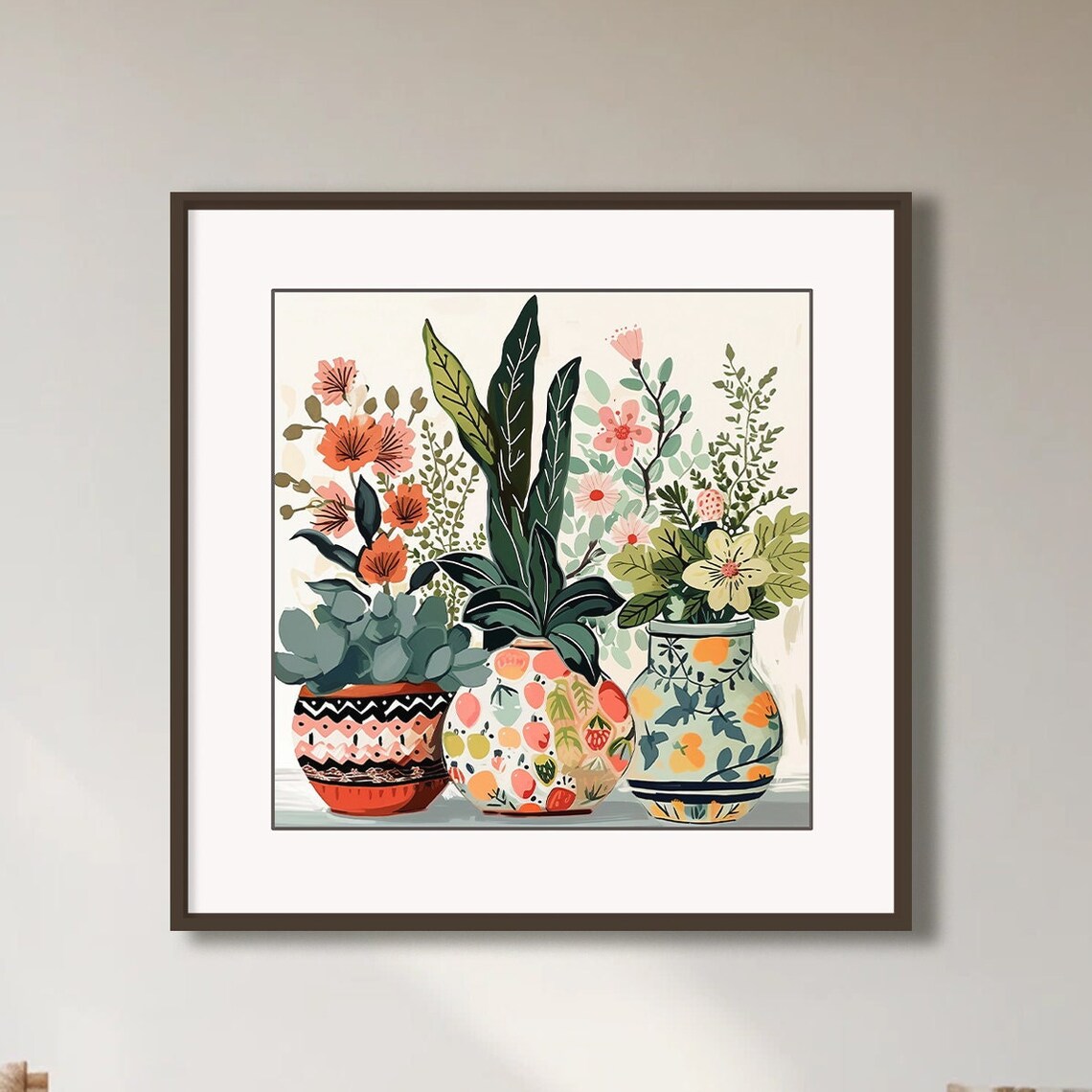Folk Art Potted Plants Patterned Pots Pink Green Floral Wall Poster