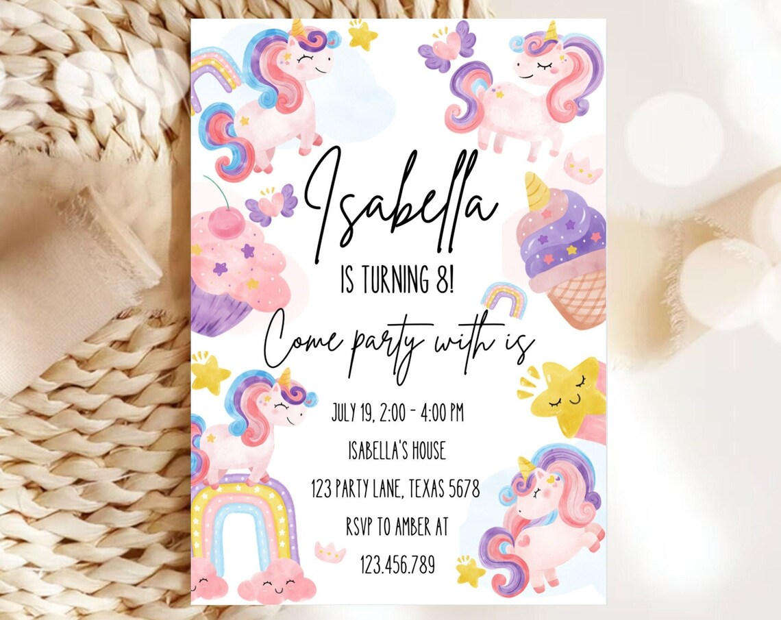 Magical Unicorn Birthday Invitation Rainbow Party Editable Invite Print