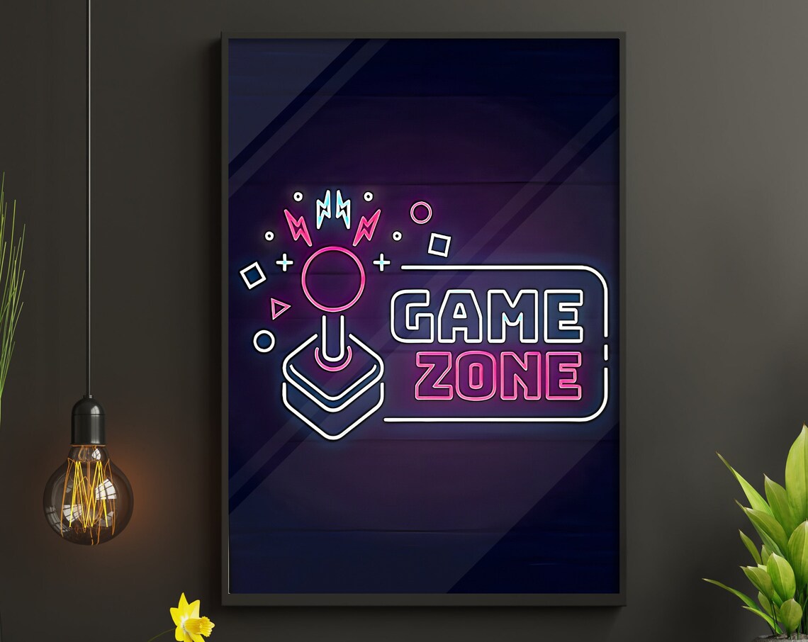 Game Zone Neon Sign Joystick Retro Gamer Room Vintage Art Poster
