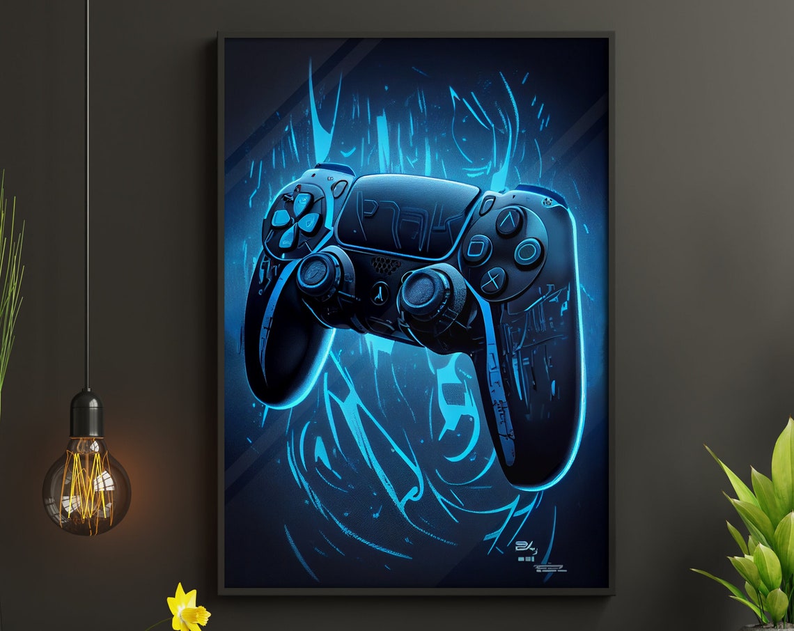 Electric Blue Neon Game Controller Flame Splash Dark Background Poster