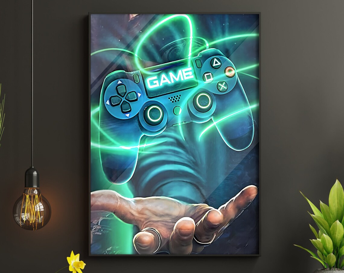 Game Controller With Game Text Green Neon Energy Trails Art Poster