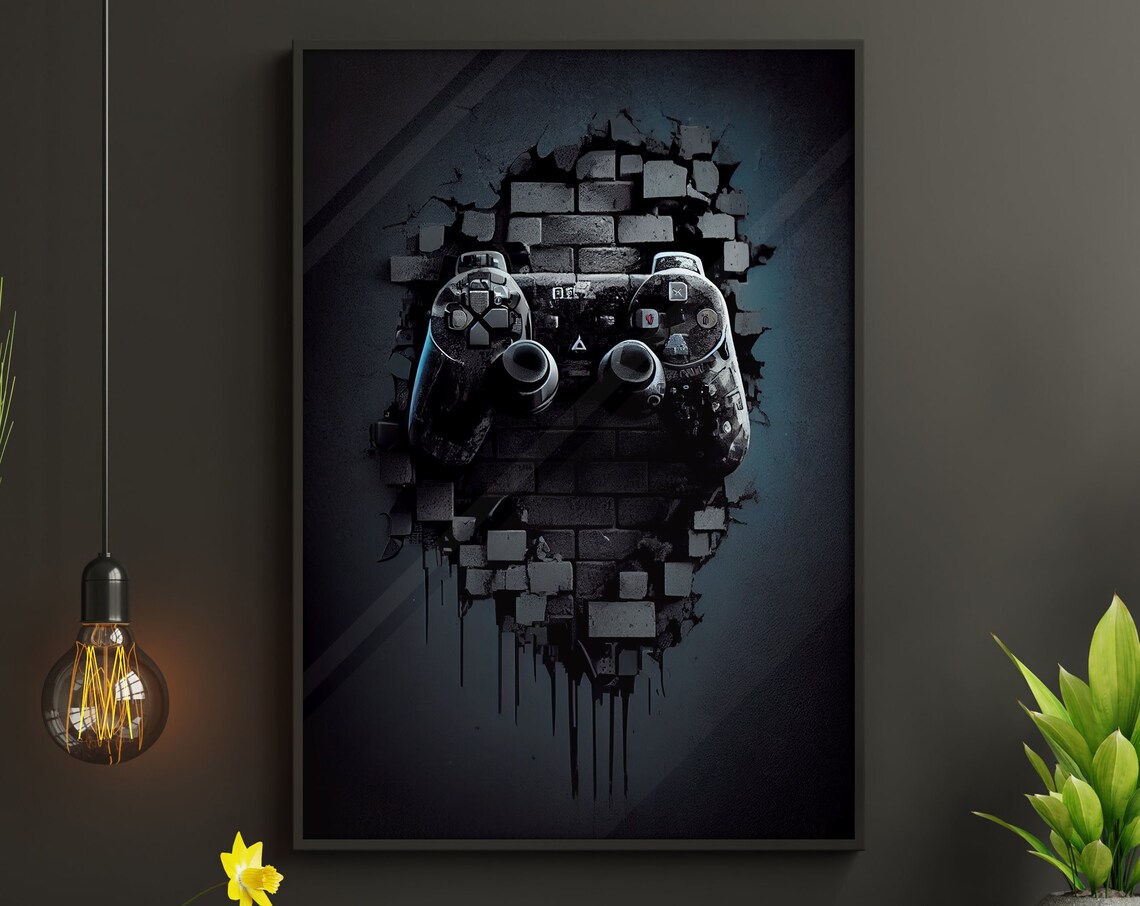 Dark Game Controller Breaking Through Cracked Brick Wall Gritty Poster