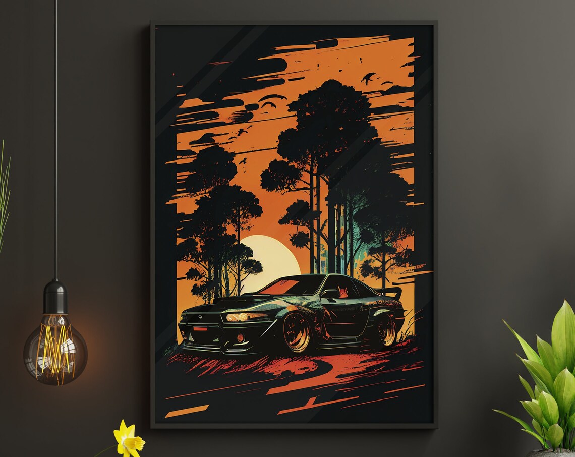 JDM Japanese Sports Car Sunset Pine Forest Vintage Automotive Poster