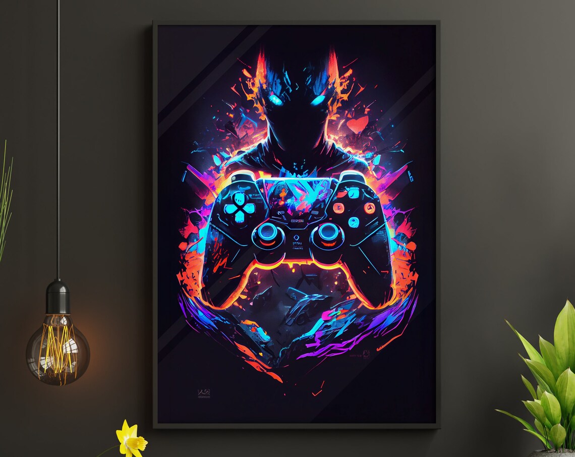 Demon Gamer Neon Controller Flaming Skull Digital Art Poster